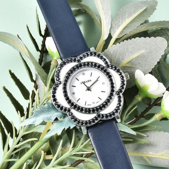 STRADA Diamond Crystal Enameled Watch with Blue Faux Leather Strap - Picture 2 of 4